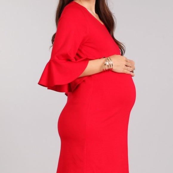RED MATERNITY BELL SLEEVE DRESS - Picture 2 of 8